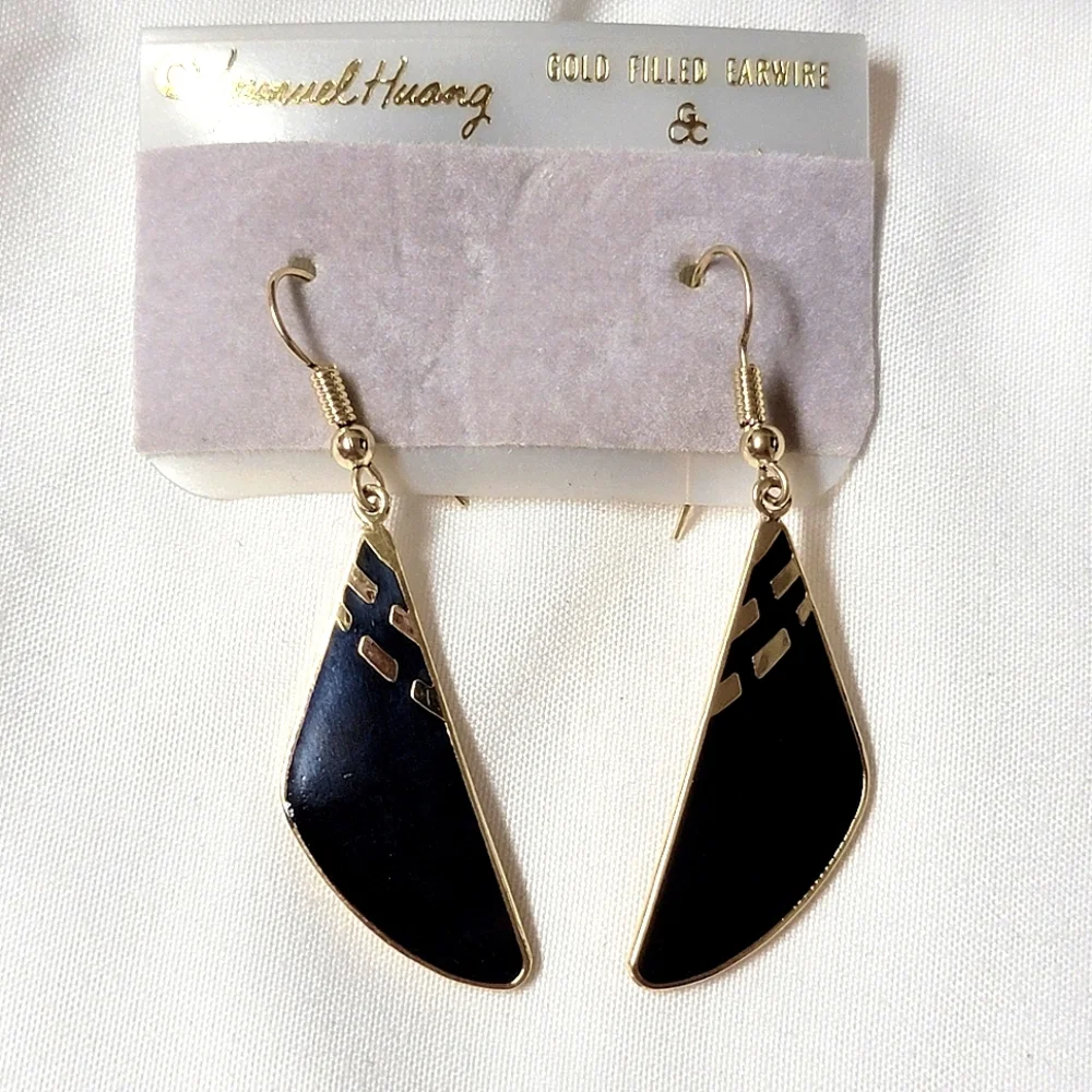 New Vintage Samuel Huang Cloisonne Drop Earrings Gold Filled